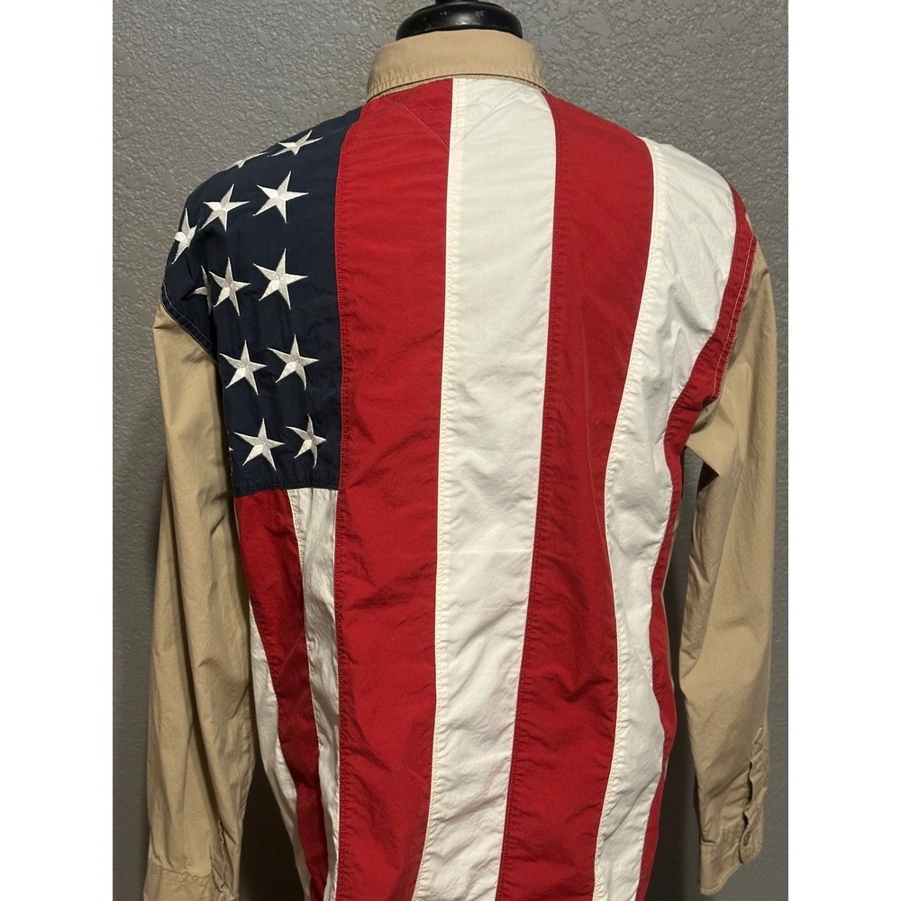 Vtg Y2K Tommy Jeans USA American Flag Mens Large Button Up Shirt Tan Patriotic